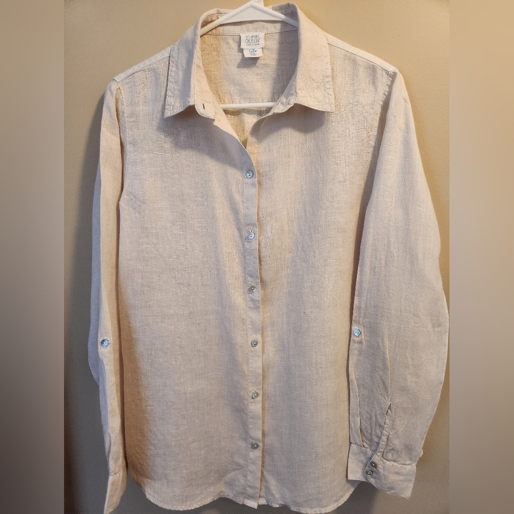 Sigrid Olsen Linen Light Beige  Button-Down Shirt,  Roll Sleeve With Button Tab